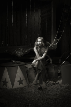 Circus actress. Circus backstage. Black and white imageの写真素材