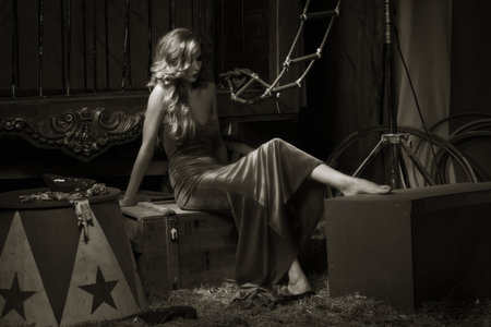 Circus actress. Circus backstage. Black and white image