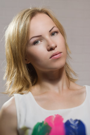 Headshot portrait of the young blonde girlの写真素材