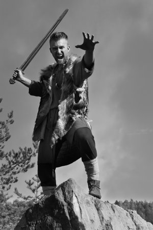 Viking attacking with a sword in the mountainsの写真素材