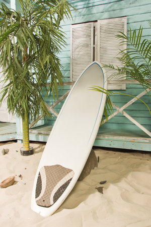 Summertime. Sandy beach. Palm bungalows on white sand beach.の写真素材