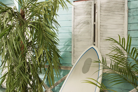 Summertime. Sandy beach. Palm bungalows on white sand beach.の写真素材