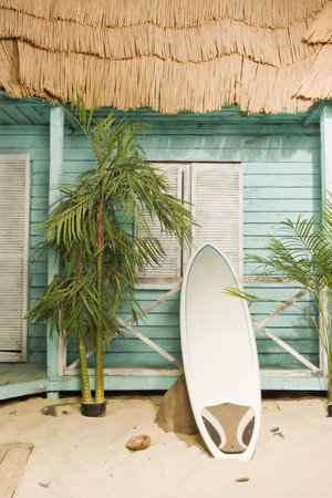 Summertime. Sandy beach. Palm bungalows on white sand beach.の写真素材