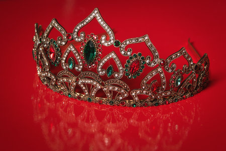 Diadem with large stones. bijouterie on a red background.の写真素材