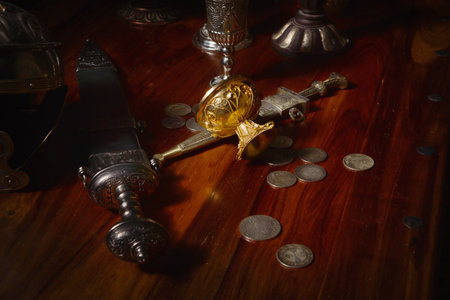 Ancient Rome concept. Gladius, antique hand weapon, helmet on a tableの写真素材