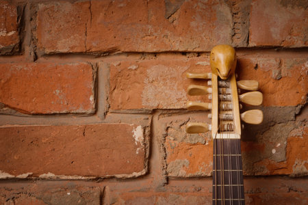 Renaissance lute (citole) in a dark room. Close up detailの写真素材