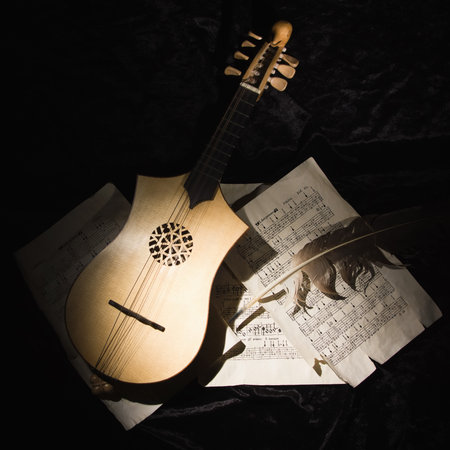 Renaissance lute (citole) with musical notes in retro style.の写真素材