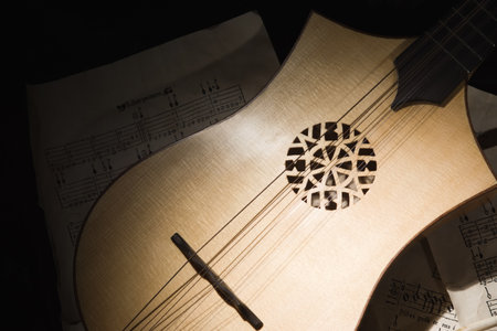 Renaissance lute (citole) with musical notes in retro style.