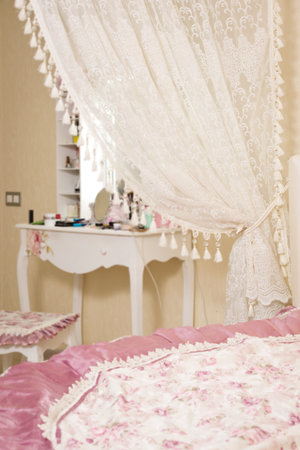 Interior of the beautiful bedroom with a round bedの写真素材