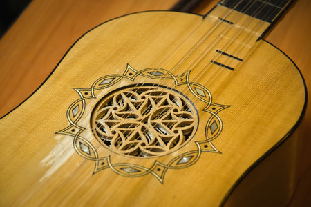 Baroque guitar of the 17th century. Close-up detailsの写真素材