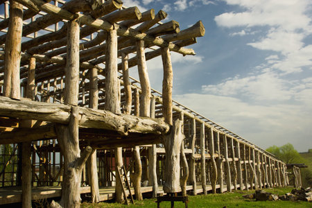 Construction of the wooden building in a villageの写真素材
