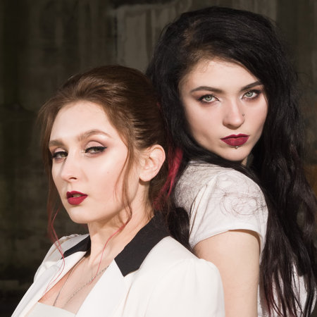 Portrait of the two fashionable beautiful young girlsの写真素材