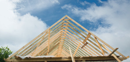 Construction of the roof of the house. Frame elementsの写真素材