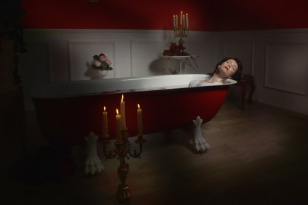 Beautiful sexy woman in vintage bathroom with flowers petals. Spa body care.