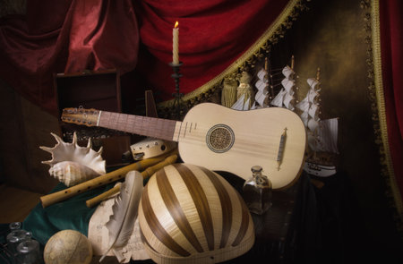 Musical still life in the Renaissance style with lute, vihuela and flutesの写真素材
