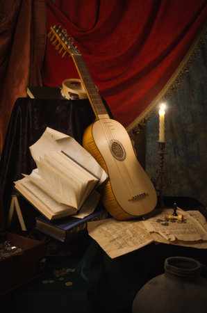Musical still life in the Renaissance style with vihuela and flutes