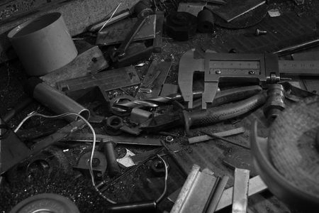 Working tools on the workbench in the workshop