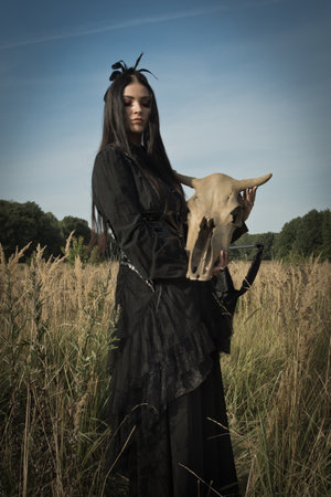 Gothic girl next to the skull of a cow on a pole in a summer fieldの写真素材
