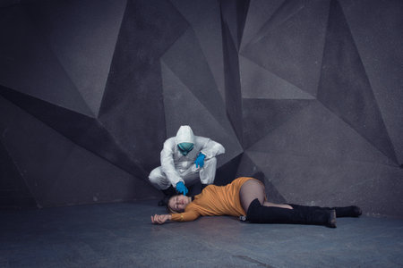 Retro sci-Fi movie style. Alien kidnapping girl