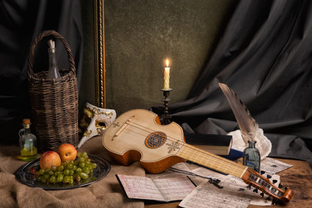 Musical still life in the Renaissance style with violaの写真素材