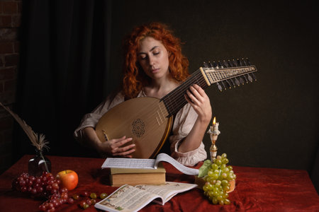 Red-haired girl in a historical suit plays the lute. Renaissance painting style.
