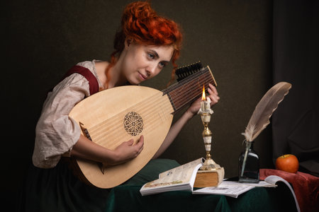 Red-haired girl in a historical suit plays the lute. Renaissance painting style.