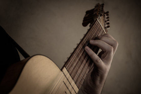 Adult man in historical suit playing vihuelaの写真素材