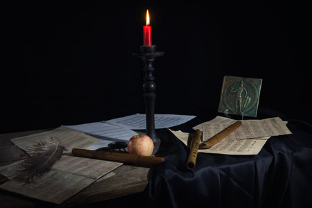 Musical still life in the Renaissance style with pipes and scoresの写真素材