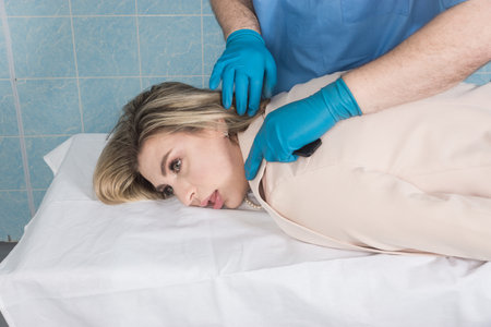 Coroner inspects the body of the crime victim (imitation)