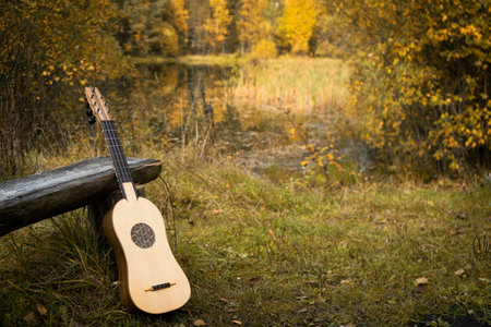 Renaissance guitar in a autumn gardenの写真素材