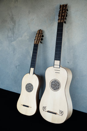 Musical still life in the Renaissance style with two renaissance guitarsの写真素材