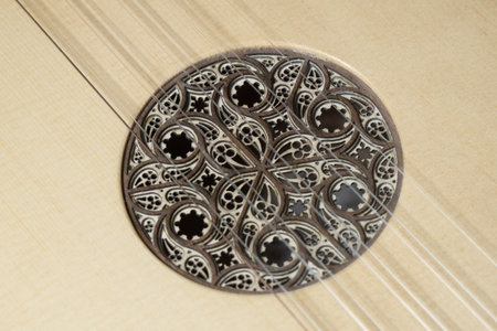 Renaissance guitar of the 16th century. Close-up detailsの写真素材