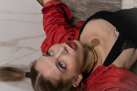 Crime scene with strangled pretty womanの写真素材