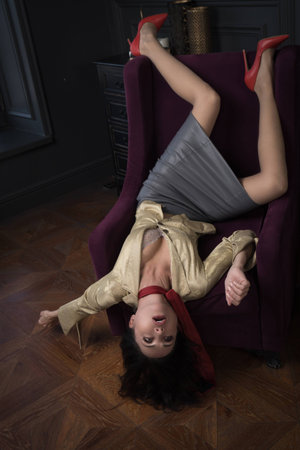 Crime scene with strangled business woman (imitation)の写真素材