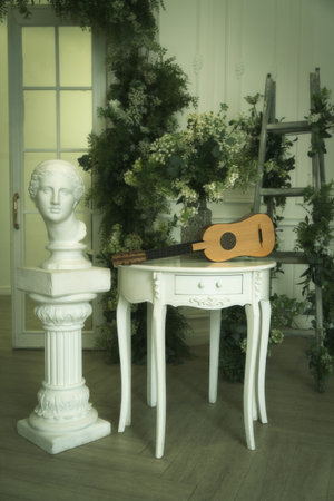 Musical still life in the Renaissance style with renaissance guitarの写真素材