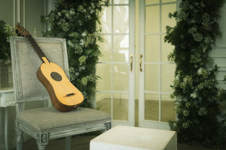 Musical still life in the Renaissance style with renaissance guitarの写真素材