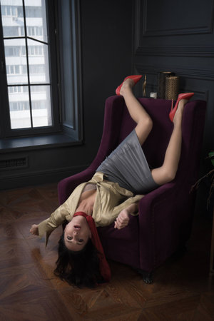 Crime scene with strangled business woman (imitation)の写真素材