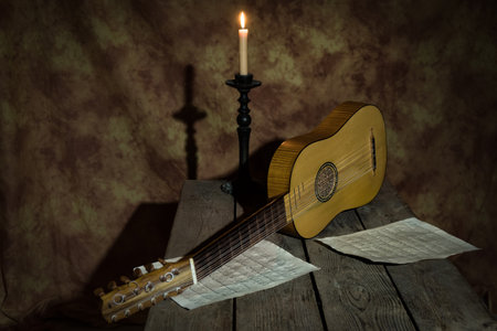 Musical still life in the Renaissance style with vihuelaの写真素材