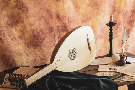 Musical still life in the Renaissance style with luteの写真素材