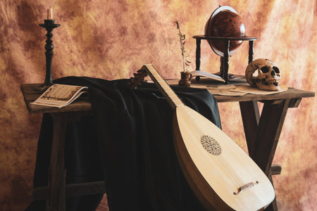 Musical still life in the Renaissance style with luteの写真素材
