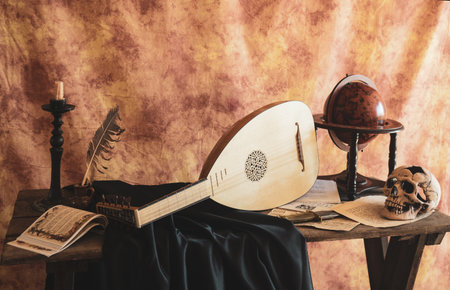 Musical still life in the Renaissance style with luteの写真素材