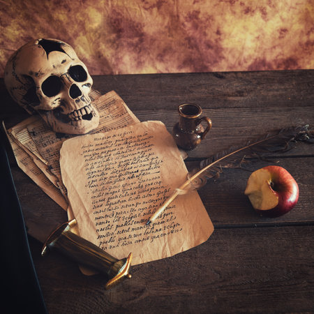 Mystic still life with skull, books and candlesの写真素材