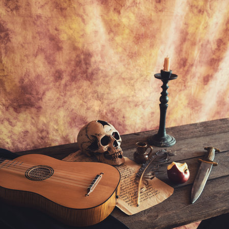 Musical still life in the Renaissance style with vihuelaの写真素材