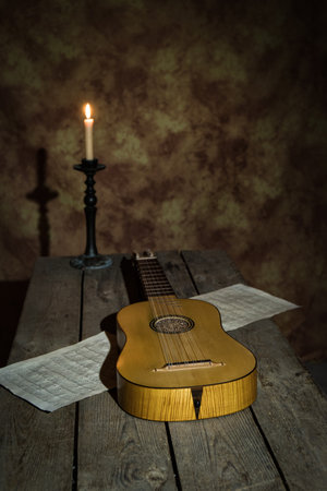 Musical still life in the Renaissance style with vihuelaの写真素材