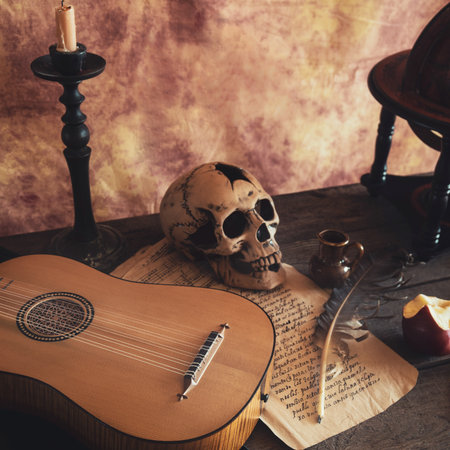 Musical still life in the Renaissance style with vihuelaの写真素材