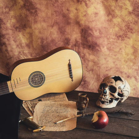 Musical still life in the Renaissance style with vihuelaの写真素材