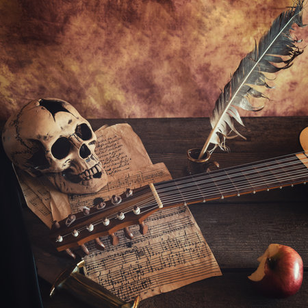 Musical still life in the Renaissance style with vihuelaの写真素材