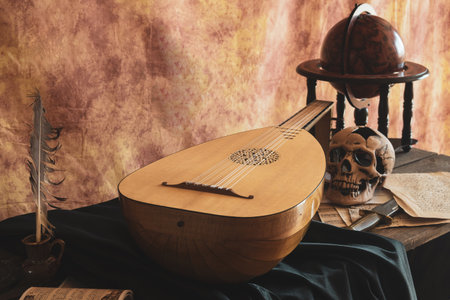 Musical still life in the Renaissance style with luteの写真素材