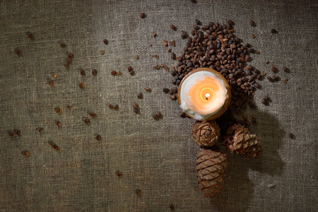 Still life of pine nuts on burlapの写真素材