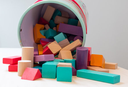 Toys blocks, multicolor wooden bricks, children colorful building game pieces of kids organize toyの写真素材